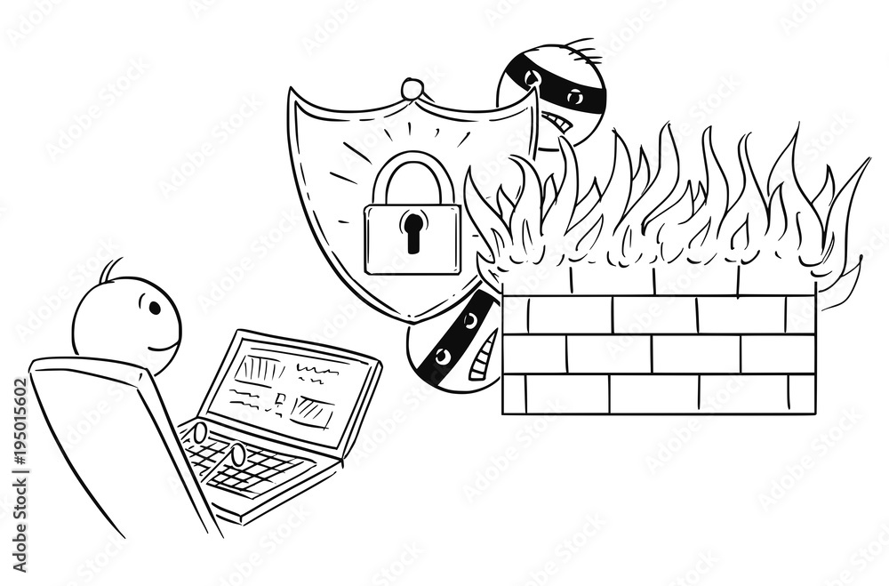 Fototapete cartoon stick man drawing conceptual illustration of businessman working safely on computer while ha