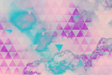Geometric, abstract background with futuristic triangles and natural, colorful clouds in the sky