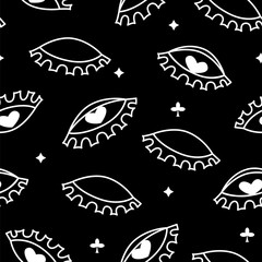 Seamless pattern with eye signs and stars on black background. Vector.