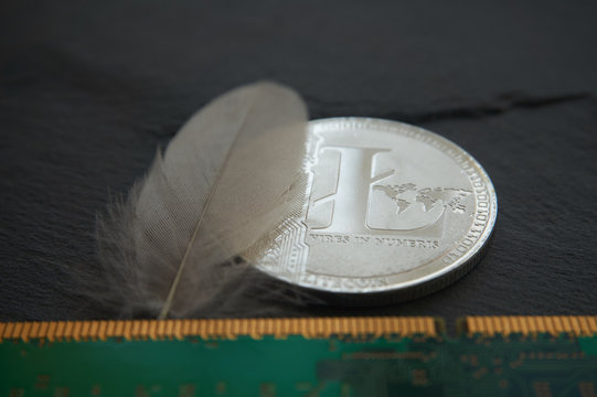 Silver litecoin on the gray stone surface