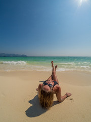 Fototapeta na wymiar Woman at the beach in Koh Poda island Thailand
