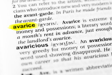 Highlighted English word "avarice" and its definition in the dictionary