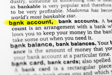 Highlighted English word "bank account" and its definition in the dictionary