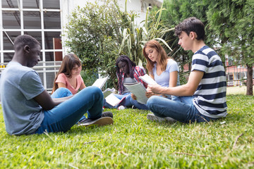 Naklejka premium Group of multi ethnic teenagers making school homework seated on