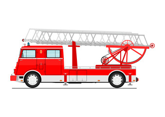 Cartoon classic fire truck. Side view. Flat vector.