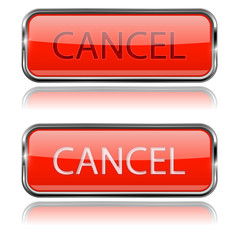 CANCEL red buttons. Rectangle glass 3d icons with metal frame