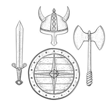 Viking armor set - helmet, shield, sword and axe. Hand drawn sketch
