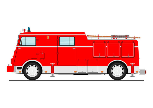 Cartoon classic fire truck. Side view. Flat vector.