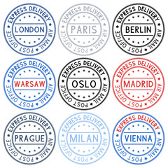 Postmarks. Collection of ink stamps with european cities