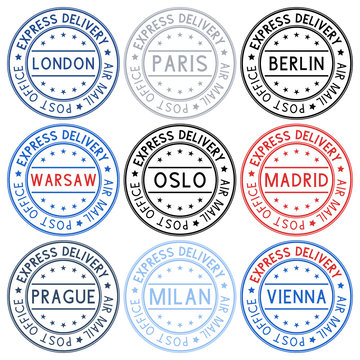 Postmarks. Collection of ink stamps with european cities
