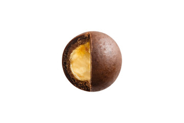 Sugared hazelnut dragees in chocolate isolated on white background