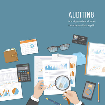 Auditing concepts. Auditor inspects financial documents. Accounting, analysis, analytics. Businessman hands with magnifying glass above documents, graphics, charts, calculator, calendar, wallet Vector