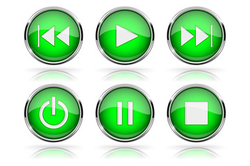 Media buttons. Green round glass buttons with chrome frame