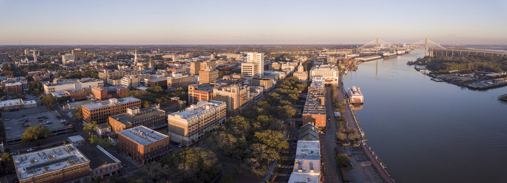 Aerial panorama of downtown Savannah, Georgia and River Street.