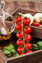 tomato and italian ingredient. Ripe tomatoes with fresh basil, garlic