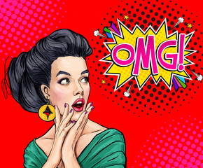 Surprised young sexy woman with open mouth.Comic woman. Amazed women. Pop Art girl. OMG.  © lucky1984