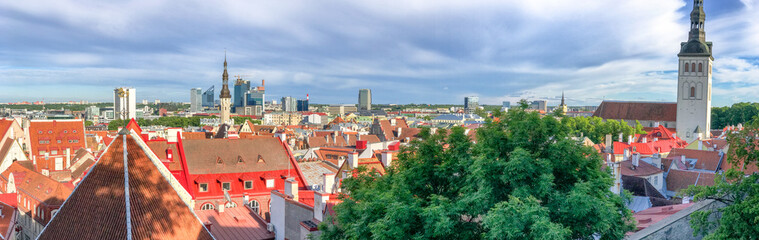 Fototapeta premium TALLINN, ESTONIA - JULY 15, 2017: City aerial view from Toompea. Tallin attracts 10 million visitors annually