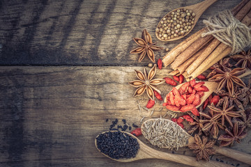 Colection of Chinese herbal ingredient on wooden background