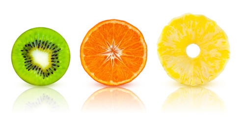 A set of a round halves tropical fruits: kiwi, mandarin, pineapple with mirror reflection isolated on white background