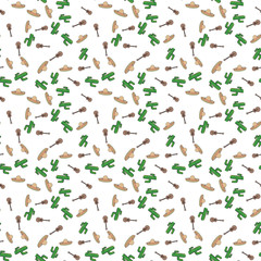 Seamless pattern Mexico guitar music cactus plant sombrero hat on blue background wallpaper textile vector