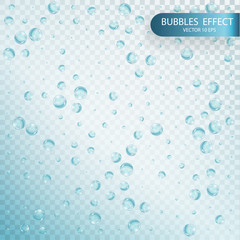 Water bubbles isolated on a transparent checkered background. Underwater effervescent sparkling oxygen bubbles in water. Vector realistic effect template 10 eps.
