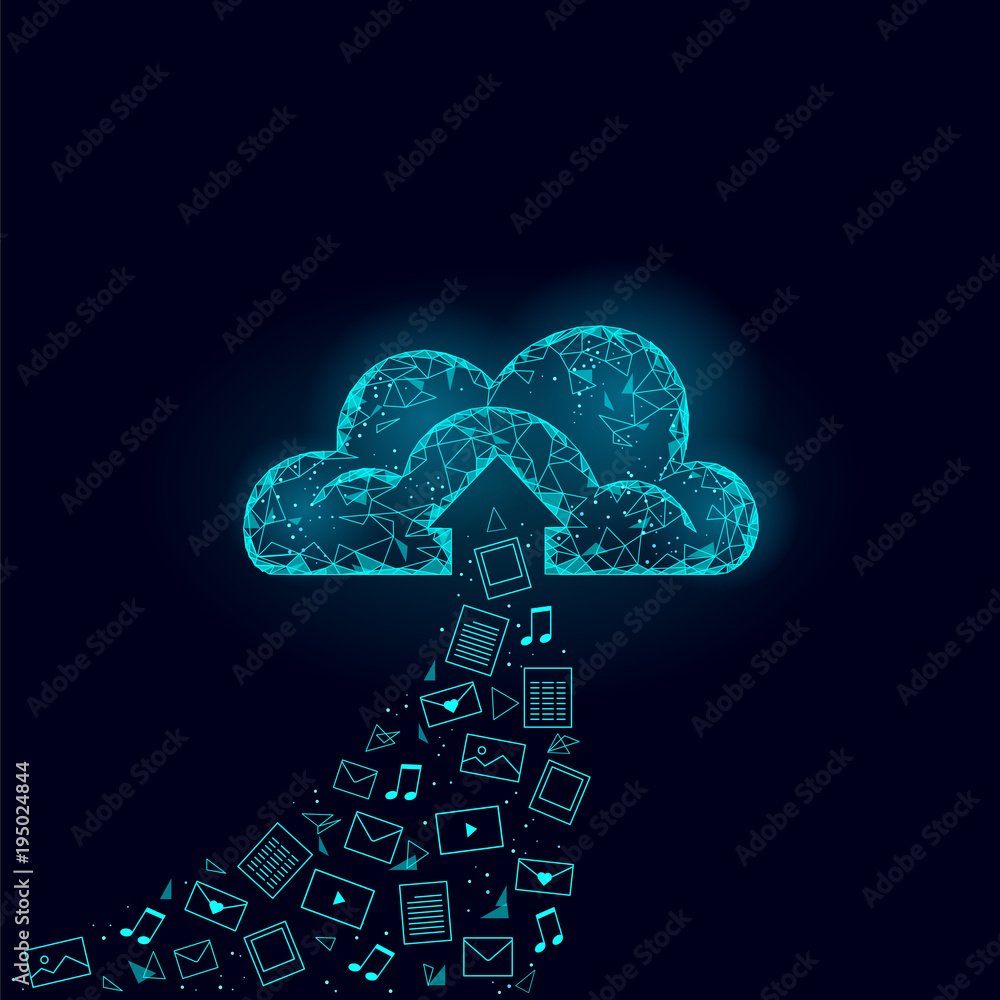 Poster cloud computing online storage low poly. polygonal future modern internet business technology. blue 