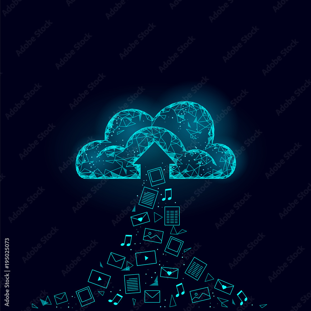 Poster cloud computing online storage low poly. polygonal future modern internet business technology. blue 