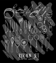 Hand drawn doodle vector line Kitchen tool icon set on Chalkboard eps10