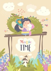 Cute cartoon dragon, unicorn and little princess