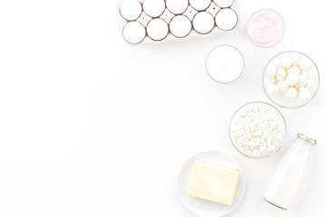 Natural farm products. Milk, cottage, eggs, cheese, yougurt on white background top view copy space. Monochrome