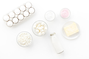 Obraz na płótnie Canvas Natural farm products. Milk, cottage, eggs, cheese, yougurt on white background top view. Monochrome