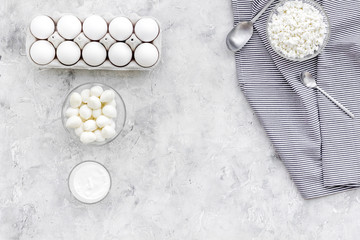 Natural farm products. Milk, cottage, eggs, cheese, yougurt on grey background top view copy space. Monochrome