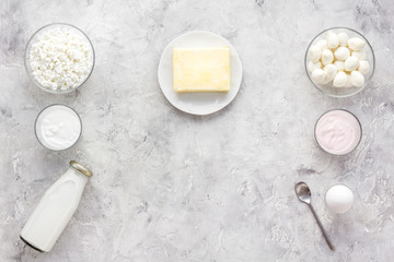 Natural farm products. Milk, cottage, eggs, cheese, yougurt on grey background top view copy space. Monochrome