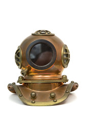 Old brass diving mask isolated on white