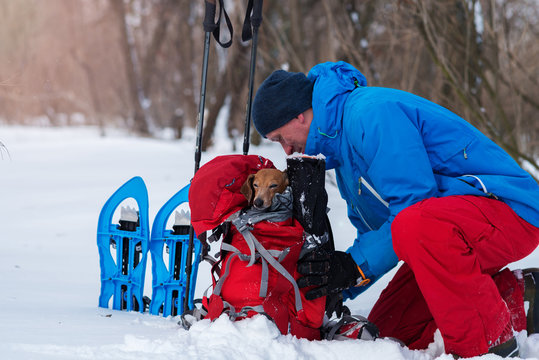 Smiling hiker puts the funny small dog in his backpack