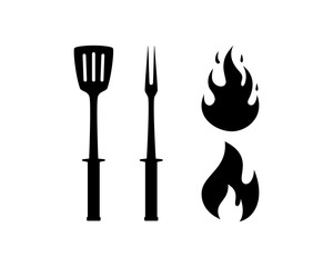 Cooking Berbecue with Spatula and Fork Tool with Fire Symbol Logo Vector - obrazy, fototapety, plakaty