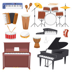 Musical instruments vector music concert with piano or musicians synthesizer and drum kit illustration set of music accordion isolated on white background