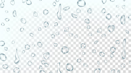 Water Drops Background Vector. Clean Fresh Water. Abstract Bubble. Freshness Concept. Liquid Texture. Shower Flux. Isolated On Transparent Background Illustration