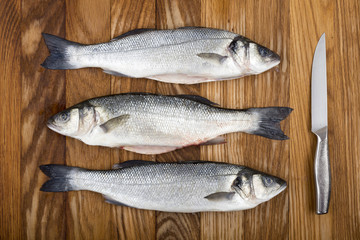 Three European basses with removed scales and steel knife on the wooden oak board