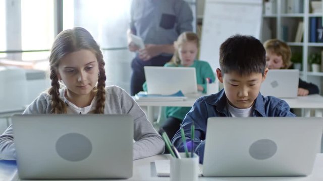 Primary school students doing task on laptop computers in information technology class