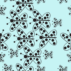Butterfly with ellipses , colorless seamless  pattern . Hand drawn.