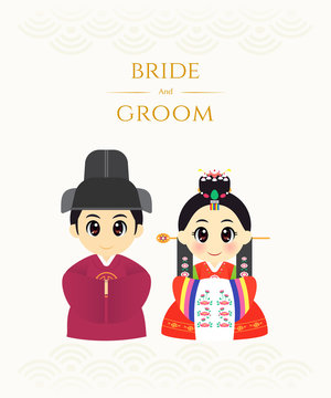 Korean wedding invitation card vector illustration. Bride and Groom in Korean traditional wedding dress costume.