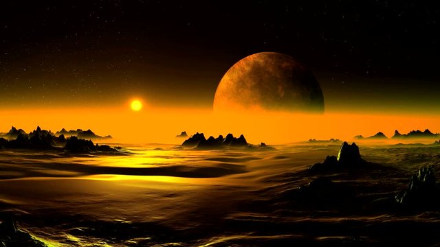 Golden Dawn on Alien Planet. Of dense fog slowly rises bright sun in a golden halo. On the dark starry sky a large planet (moon) slowly rotates. The rocky desert is flooded with a bright golden light.
