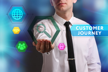 Business, Technology, Internet and network concept. Young businessman working on a virtual screen of the future and sees the inscription: Customer journey