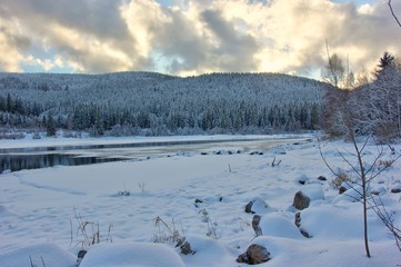 Lake Schluchsee at dusk in winter. Black Forest, Germany.