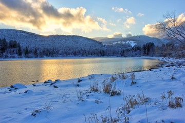 Lake Schluchsee at dusk in winter. Black Forest, Germany.