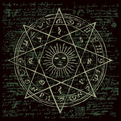 Illustration of the sun in an octagonal star with magical inscriptions and symbols on the background of an old papyrus or manuscript with spots. Vector banner in retro style