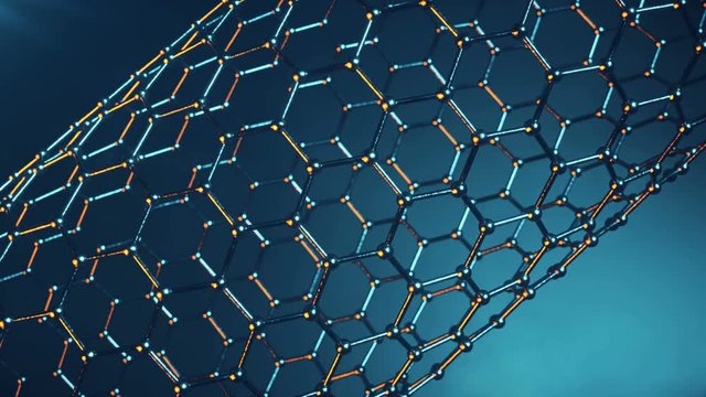 Graphene atom nanostructure loopable animation. Nanotube in form of honeycomb. Concept Nanotechnology and sciences. 4K 3d animation
