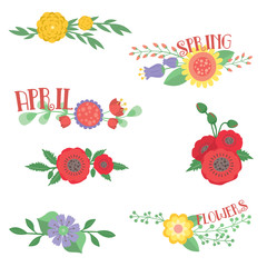 Spring Flowers Decoration Set Vector Flat Illustration Design Elements Isolated on White