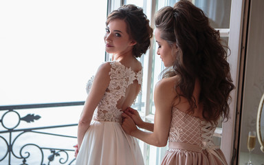 Naklejka premium Beautiful bride and bridesmaids in luxury dresses. Twins young women in wedding photosession